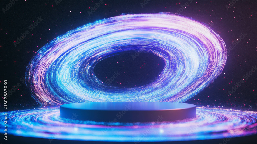 Poster futuristic abstract neon light swirl with podium for display and presentation design