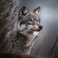 Fototapeta premium Water Color, Majestic wolf portrait in nature wildlife photography serene forest environment close-up view captivating animal beauty