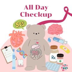 Medical check-up teddy bear doodle concept for kids illustration set brochure invitation