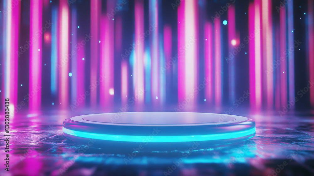 Aufkleber Futuristic abstract background with illuminated podium and neon lights for display or presentation