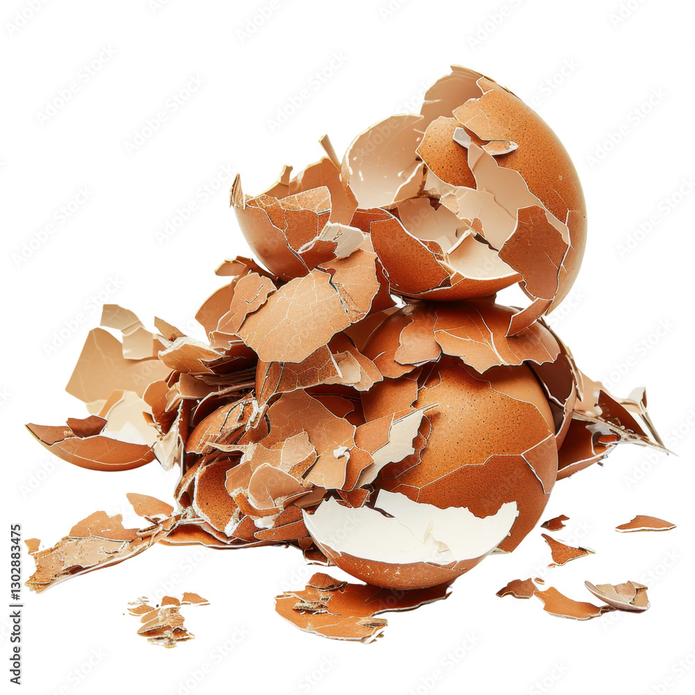 Poster eggshells scattered on surface, showcasing broken pieces and whole eggs. image captures texture and 