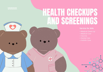Medical check-up teddy bear doodle concept for kids illustration set brochure invitation