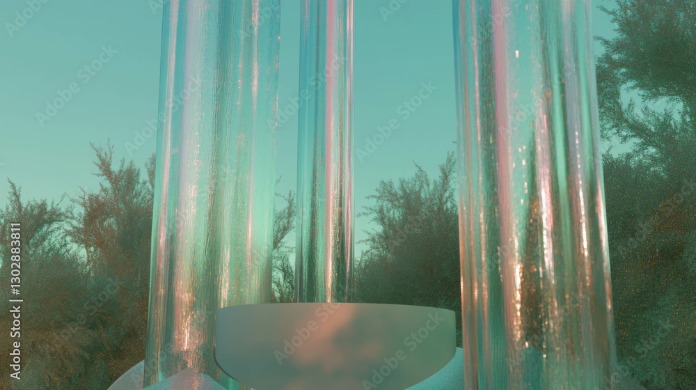 Poster Abstract background with podium amidst surreal vertical structures