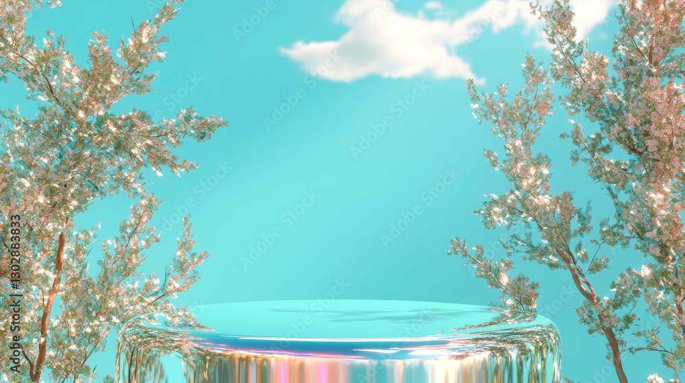 Poster elegant abstract background with reflective podium and floral elements for design projects