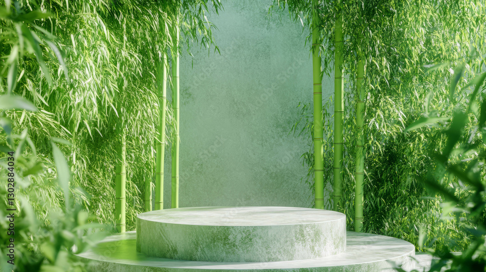 Poster tranquil bamboo podium in green forest setting for natural display concepts