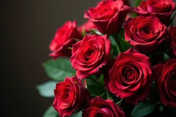 Naklejka premium Crimson roses, lush petals, bridal arrangement, macro, texture, wedding