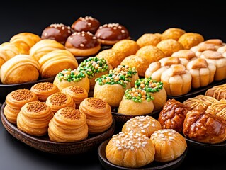 A vibrant display of assorted pastries and desserts on wooden plates against a dark background