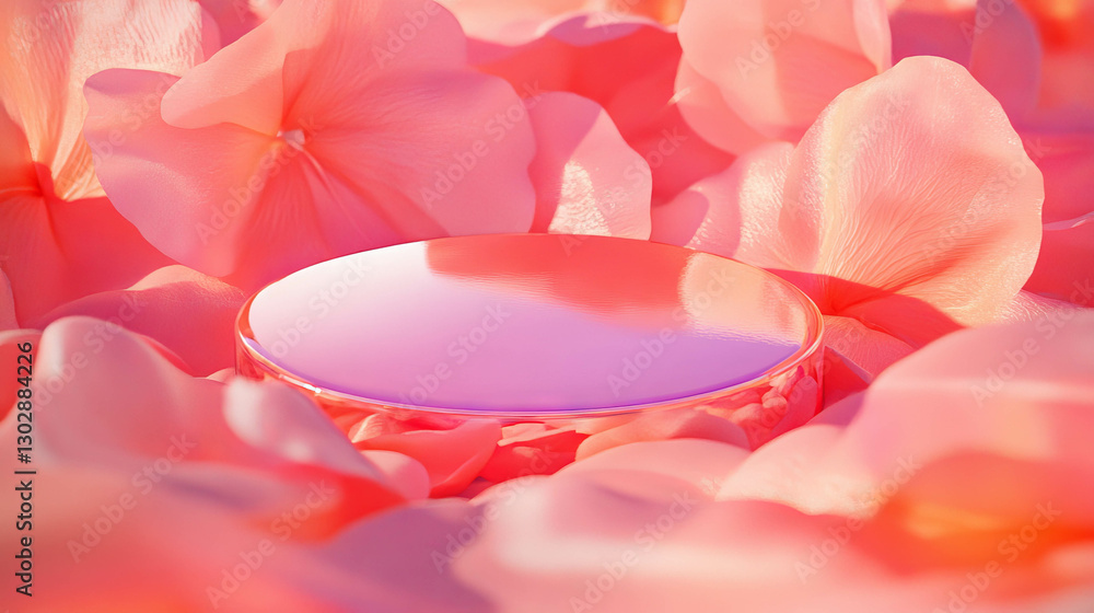 Poster elegant abstract background with glossy podium and pink floral details for design display