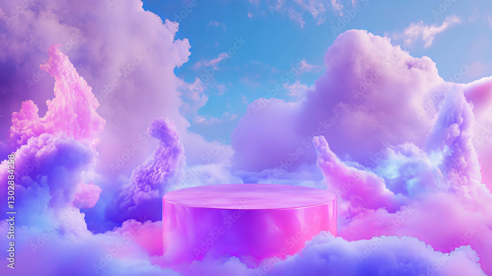 Poster dreamy abstract background featuring a podium surrounded by vibrant clouds and sky