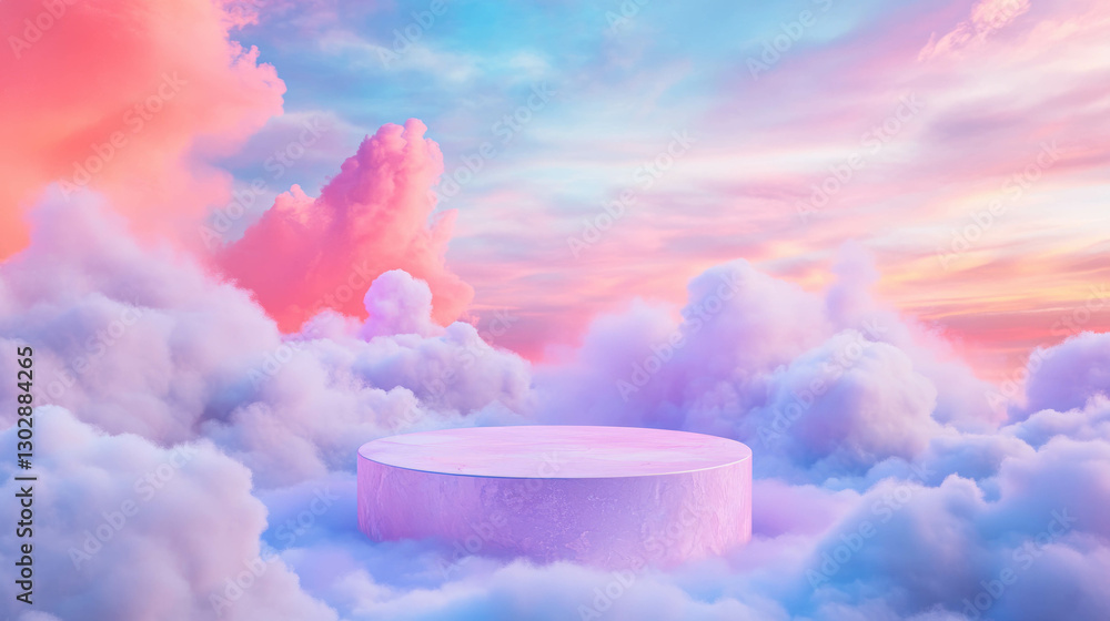 Poster dreamy abstract background with pastel clouds and pedestal for display