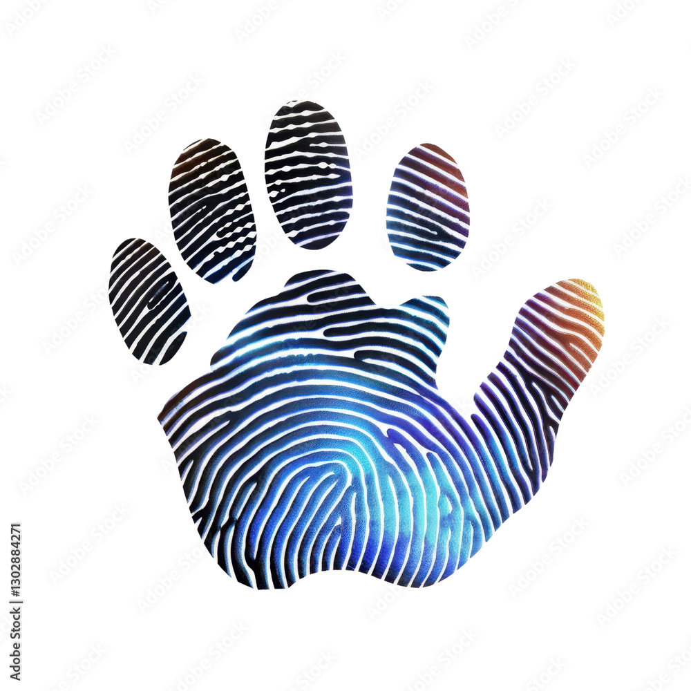 Poster colorful handprint with intricate fingerprint patterns, showcasing blend of blue and black hues, sym