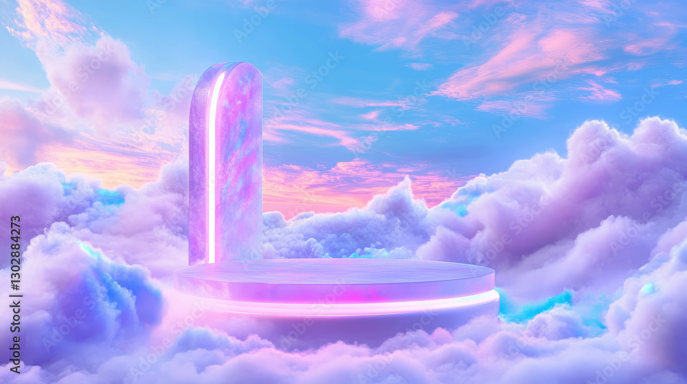 Poster abstract cloudscape with podium for dreamy design and display concepts