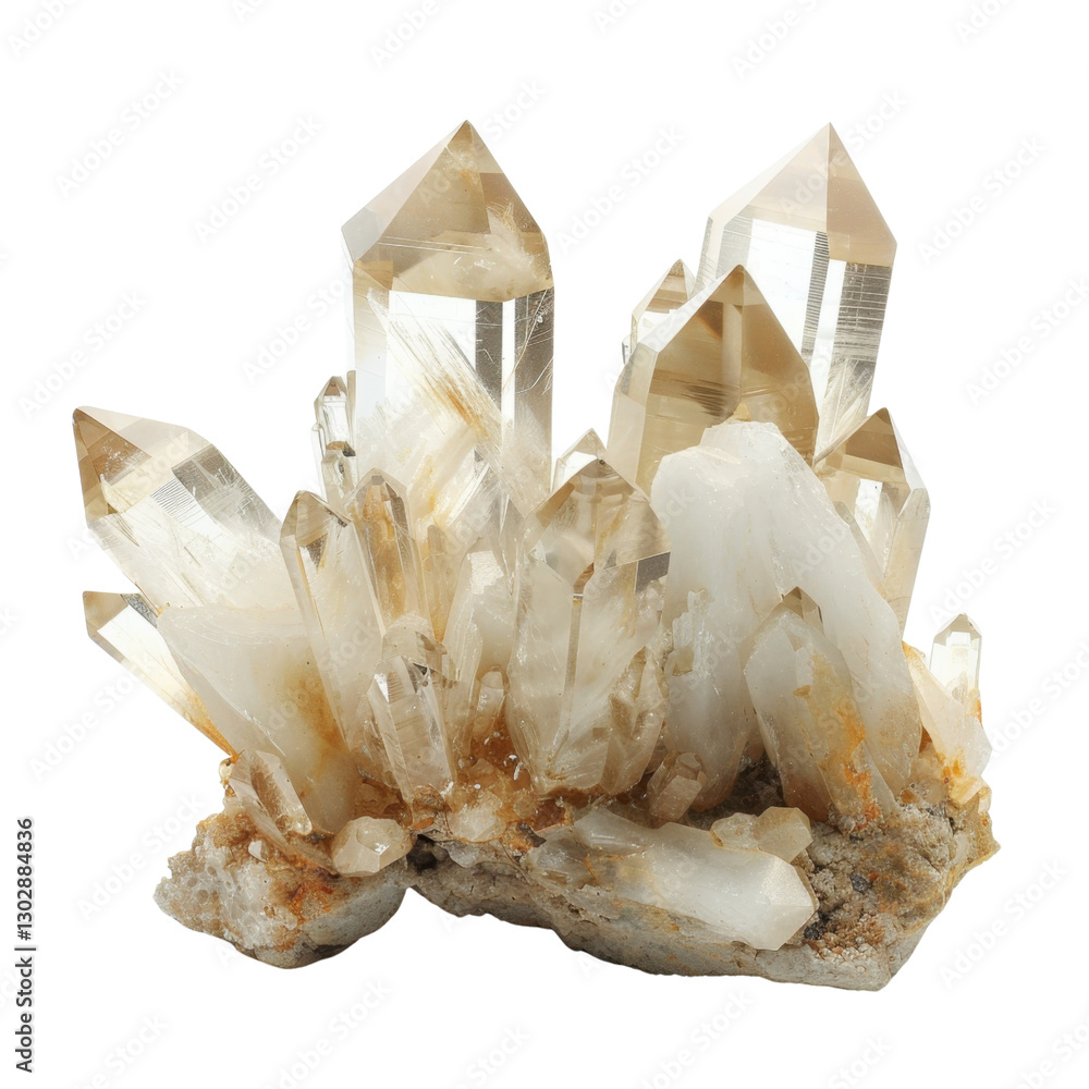 Poster beautiful quartz crystal cluster with sharp points and natural formation, showcasing its unique stru