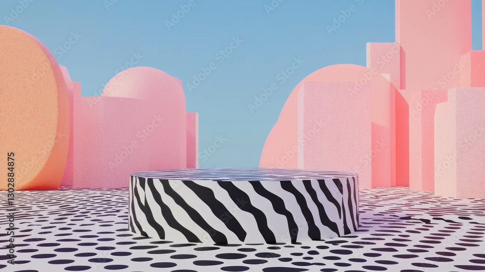 Poster futuristic abstract geometric scene with zebra print podium and pink structures