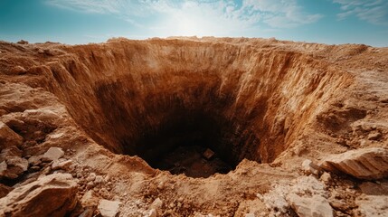 An expansive view of a deep pit excavated into the earth, illustrating the raw and rugged beauty of nature altered by human activity and excavation methods.