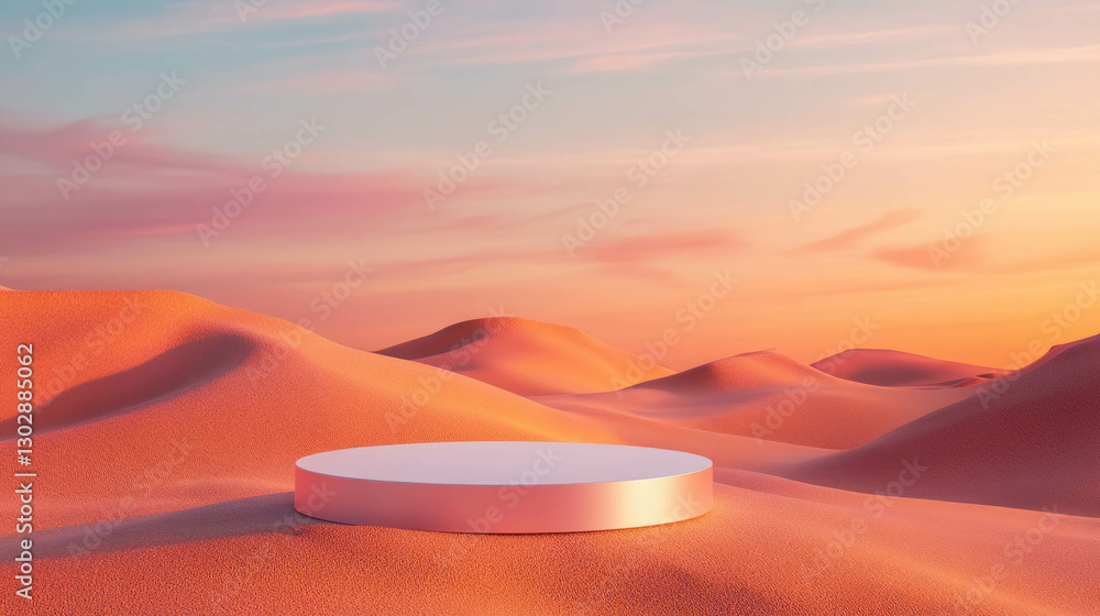 Poster abstract desert landscape with podium at sunset for modern design and display concepts