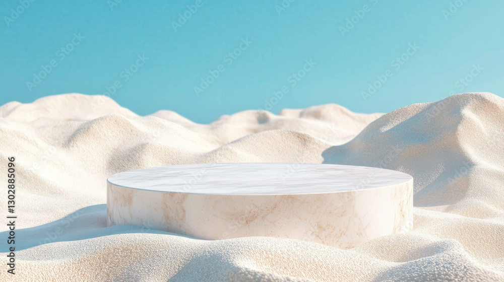 Poster Minimalist podium on sandy terrain for design and display concepts