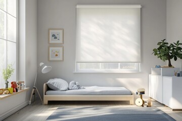 Sunlit minimalist child's bedroom with roller blind.