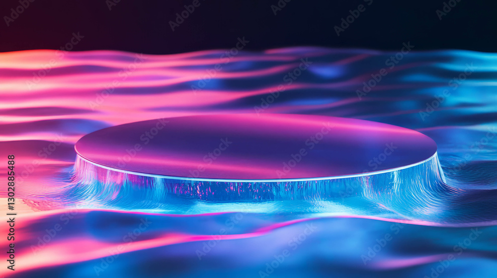Poster Futuristic abstract background with glowing podium and colorful waves for design and display