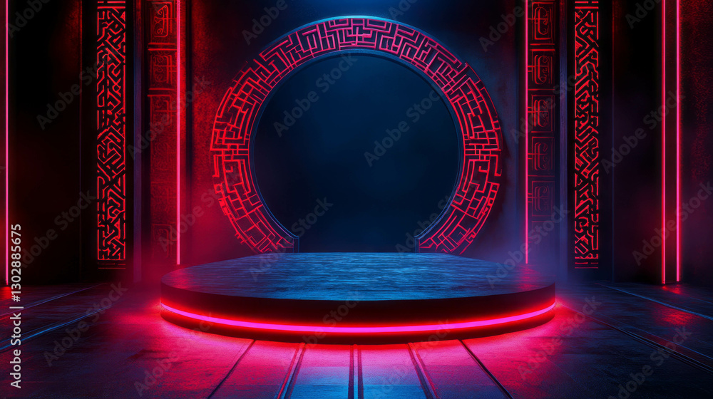 Aufkleber futuristic abstract background with neon lit podium and geometric patterns