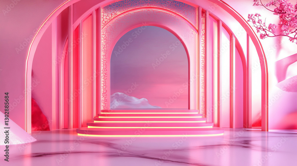 Poster Elegant abstract background with podium and pink archway for design and display