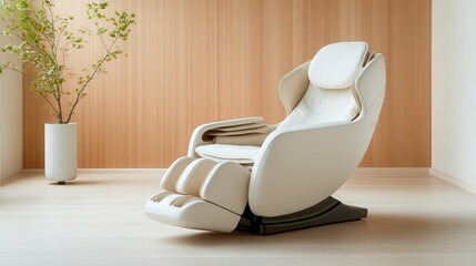A sleek, modern massage chair in a bright, minimalist room, showcasing its elegant design and inviting comfort for relaxation and rejuvenation in a stylish environment.