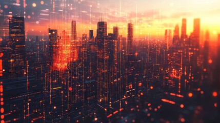 Fototapeta premium Futuristic Cityscape at Sunset: A Digital Metropolis