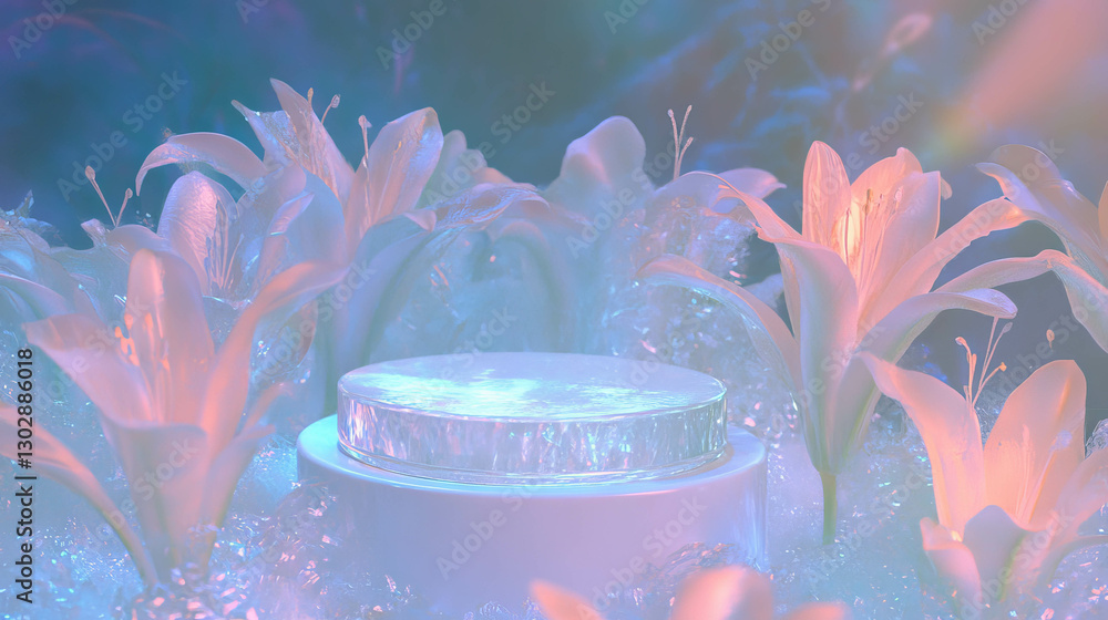 Poster mystical floral scene with podium for product display or design