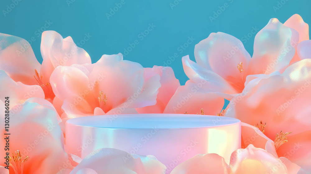 Poster Elegant abstract background with podium surrounded by delicate petals for display design