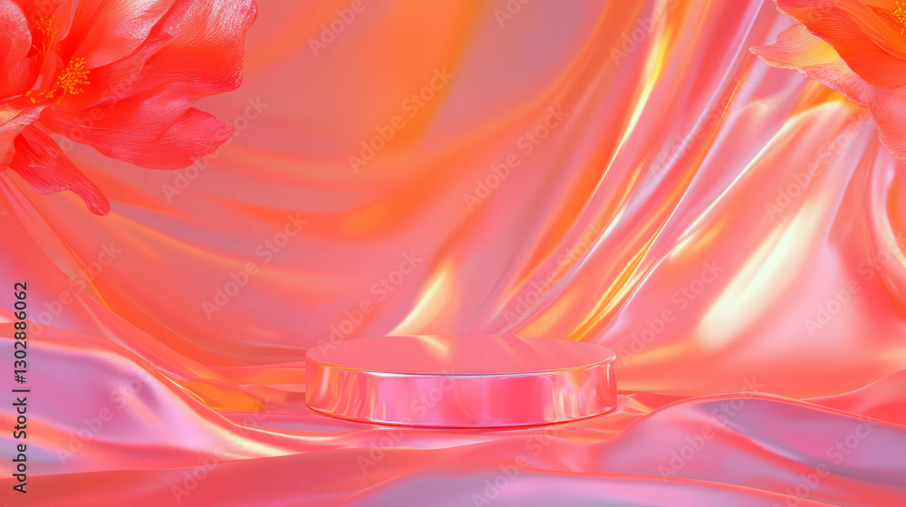 Poster elegant abstract background with pink podium and luminous fabric accents for design