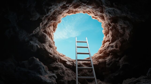 An evocative image showcasing a ladder ascending through a cave towards a vibrant blue sky, representing the journey from darkness to light and the allure of adventure.