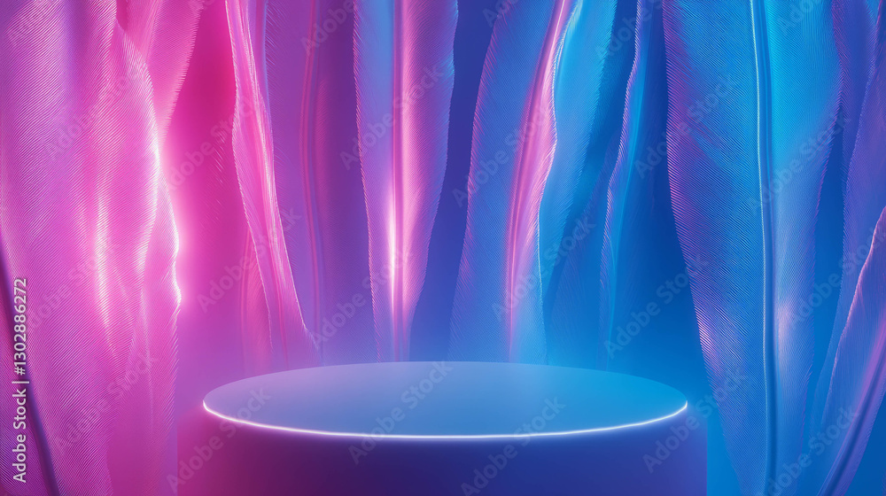Poster Vibrant abstract background with podium and colorful fabric waves for display design