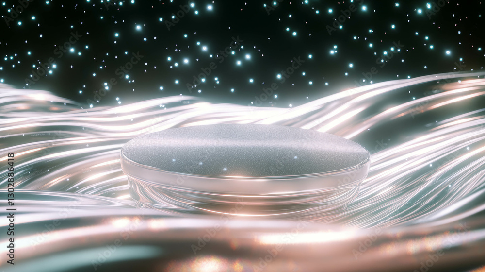 Poster abstract futuristic podium with glowing waves and particles