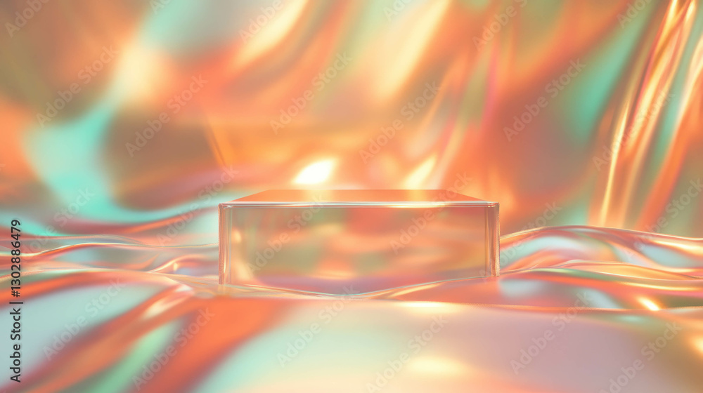 Poster abstract background with podium on iridescent fabric surface for modern design