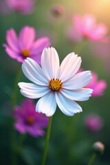 Obraz premium Delicate white and purple cosmos blossoms, soft focus floral background, floral, flowers