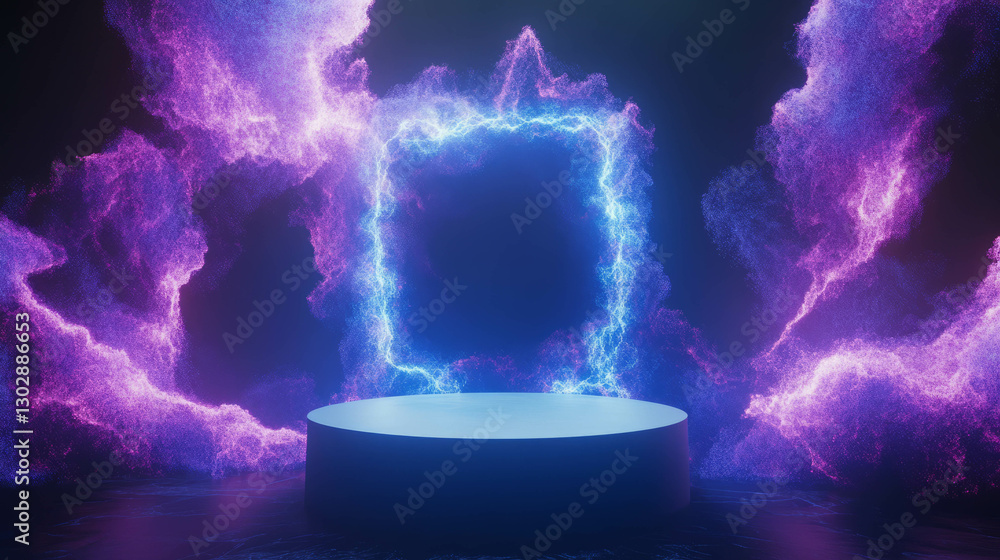 Poster Futuristic abstract background with illuminated podium for display and presentation