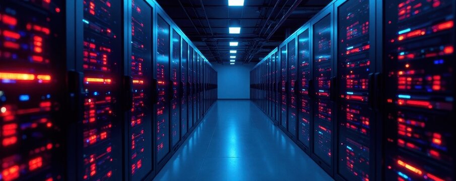 Digital technology infrastructure, server room, computer, code, power