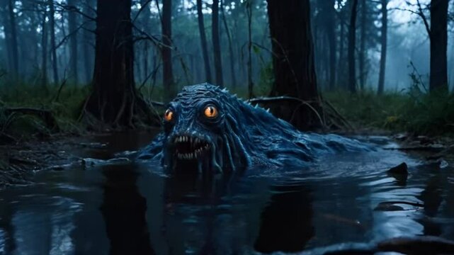 A monster is in a body of water. The monster is large and has a long tongue. The water is dark and murky