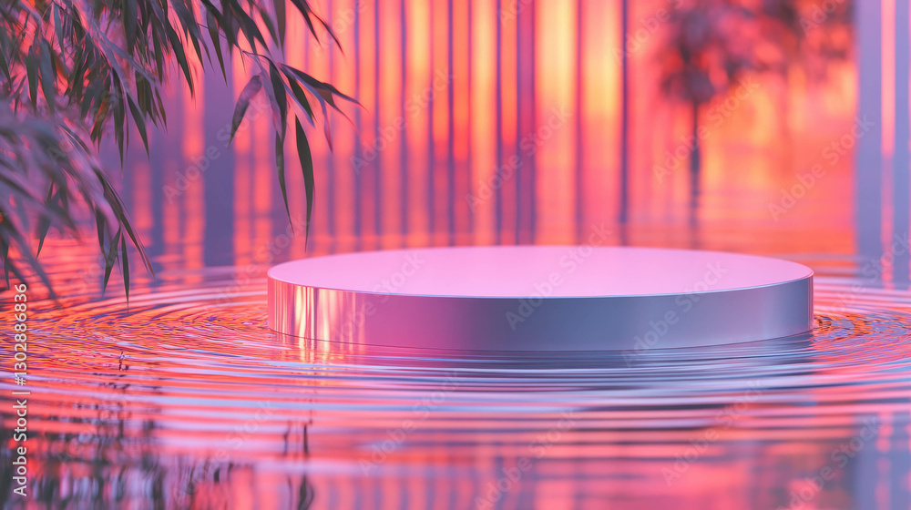 Poster serene abstract background with podium reflecting tranquil waters in sunset glow