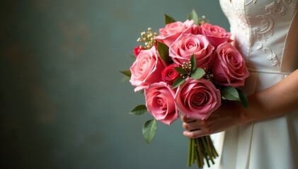 Fototapeta premium Elegant bride's hand cradles a lush rose bouquet , white, pink, red