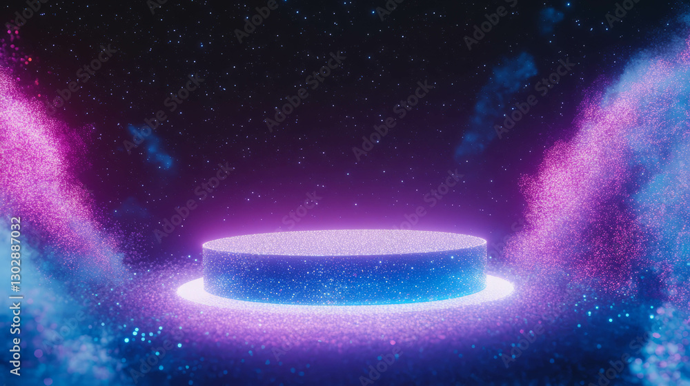 Poster futuristic abstract background with illuminated podium surrounded by neon particles