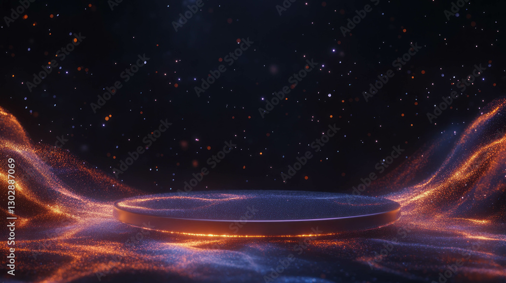 Poster Futuristic podium in abstract space with glowing particles for modern design