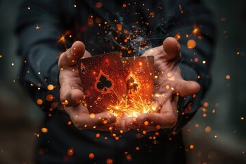 A magician performing a card trick with glowing cards amidst a burst of sparks in an outdoor setting