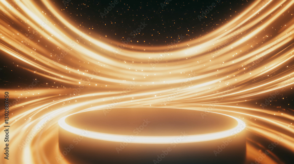 Poster abstract background with illuminated podium and flowing light trails