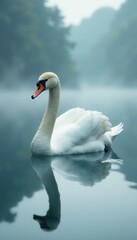 Obraz premium Elegant white swan glides on misty lake, perfect reflection , graceful, water, wildlife photography