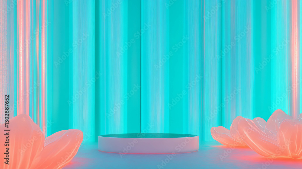 Poster futuristic abstract background with illuminated podium and glowing flower accents for modern design