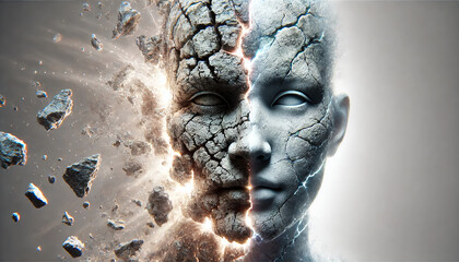 "The stone gradually changes into a living human form, the stone texture changes to a softer skin, an ancient mysterious atmosphere."