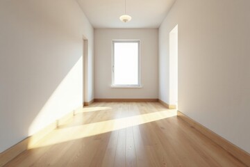 Fototapeta premium Sunlight streams into an empty room with light hardwood floors and white walls, illuminating a serene and minimalist interior space.