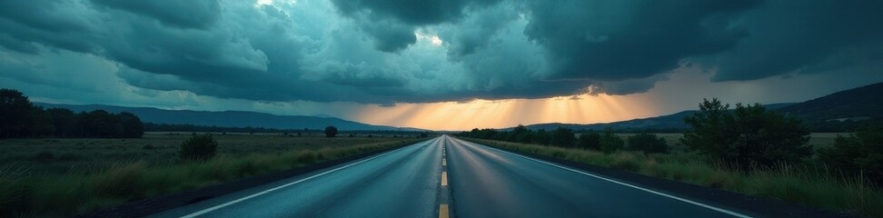 Naklejka premium Empty highway, heavy rain, dramatic cloudscape, nature, shiny, road