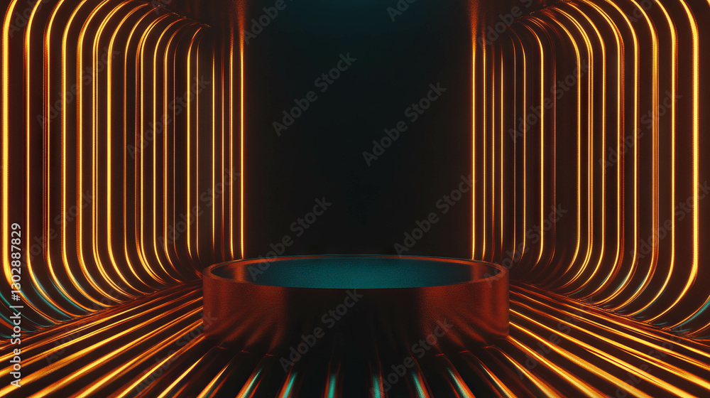 Aufkleber futuristic abstract background with podium and glowing neon lines for modern design